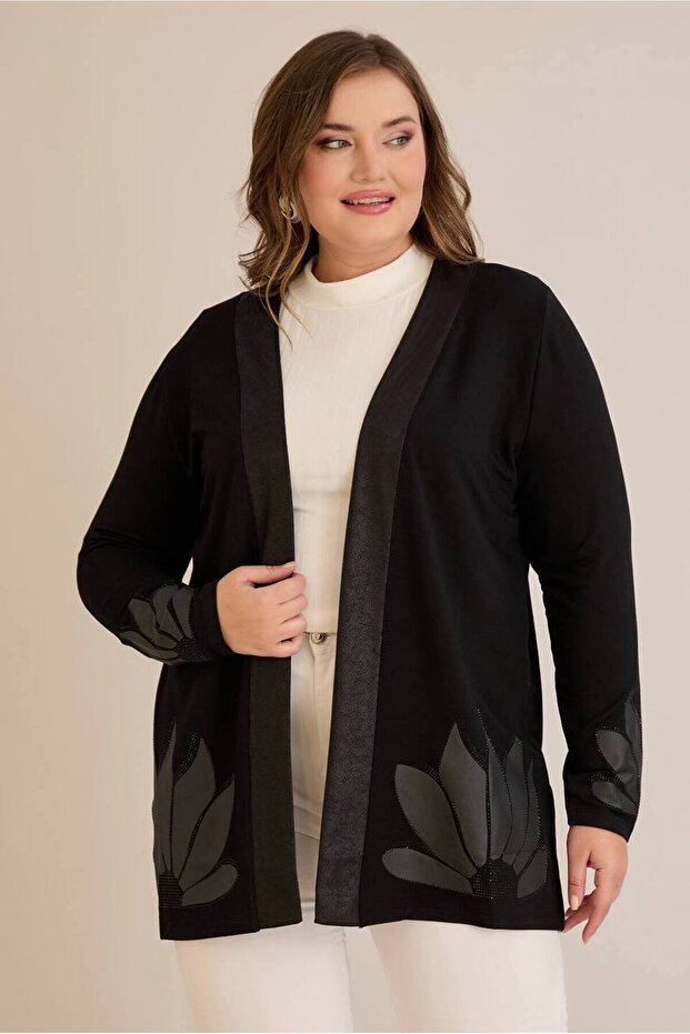 Women's Stoned Lotus Print Leather Look Stripe Detail Side Slit Front Open Flexible Viscose Cardigan