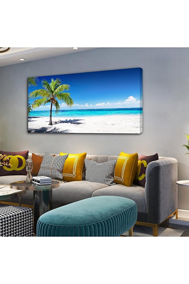 Summer Beach Ocean Waves Coconut Trees Large Wall Art Painting Canvas 60x120 cm Wrap Framed