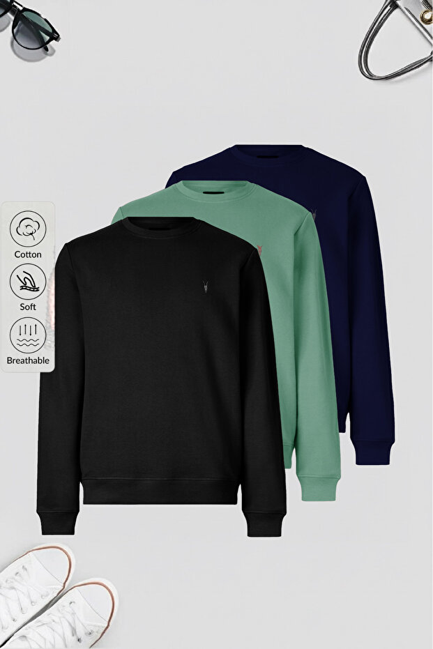 Erkek Basic Bisiklet Yaka Bol 3 Lü Swetshirt - 1