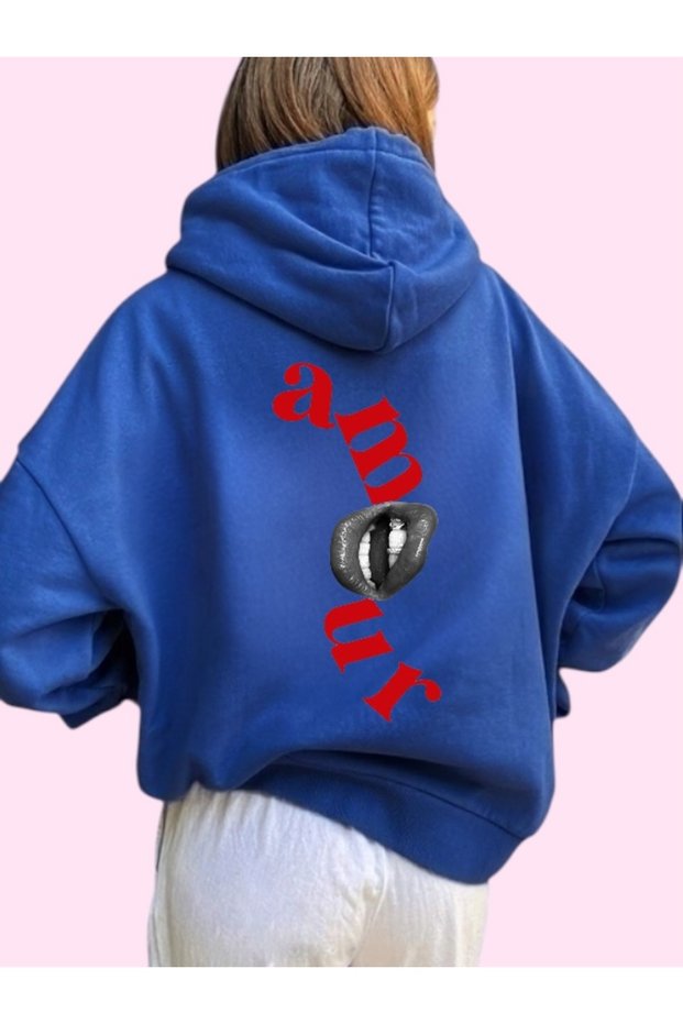 Unisex Amour Lip Color Custom Printed Cotton Oversize Hooded Sweatshirt