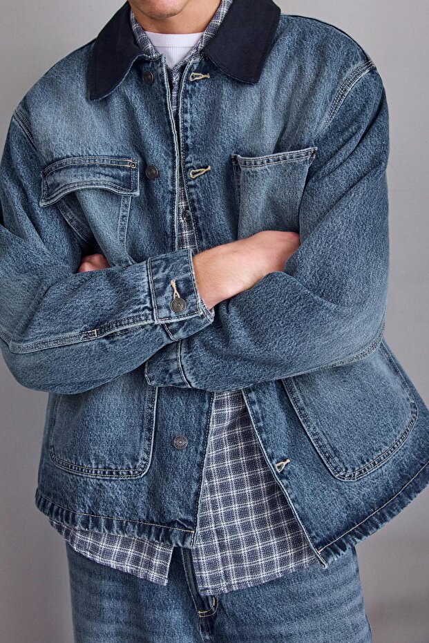 Kombine Yakalı Kot Ceket - 1