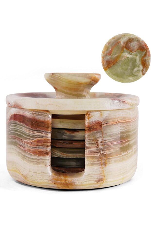 Marble Coasters Set with Holder 3.5" Green Onyx – 6 Round Stone Drink Coasters for Table & Kitchen