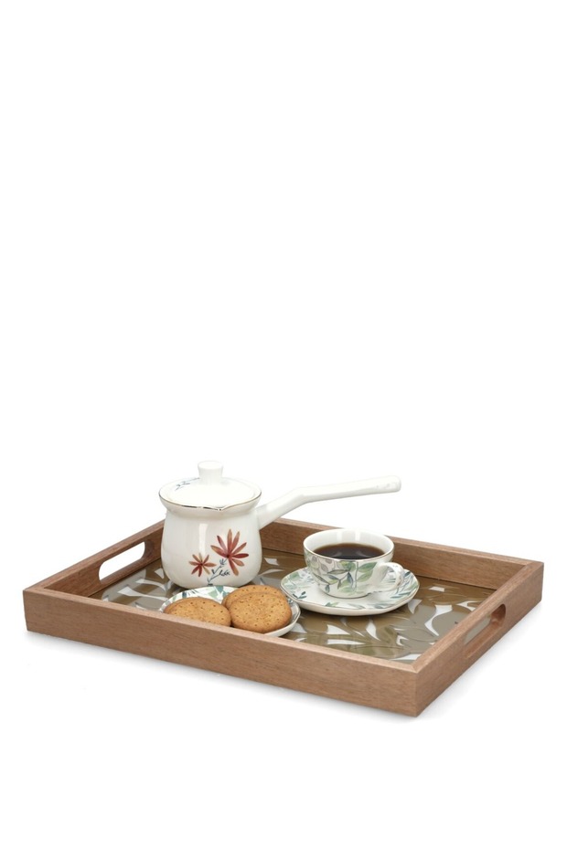 Statement Servi Wooden Serving Tray with Rectangular Leaf Design, Brown and White 220543M-L - 4