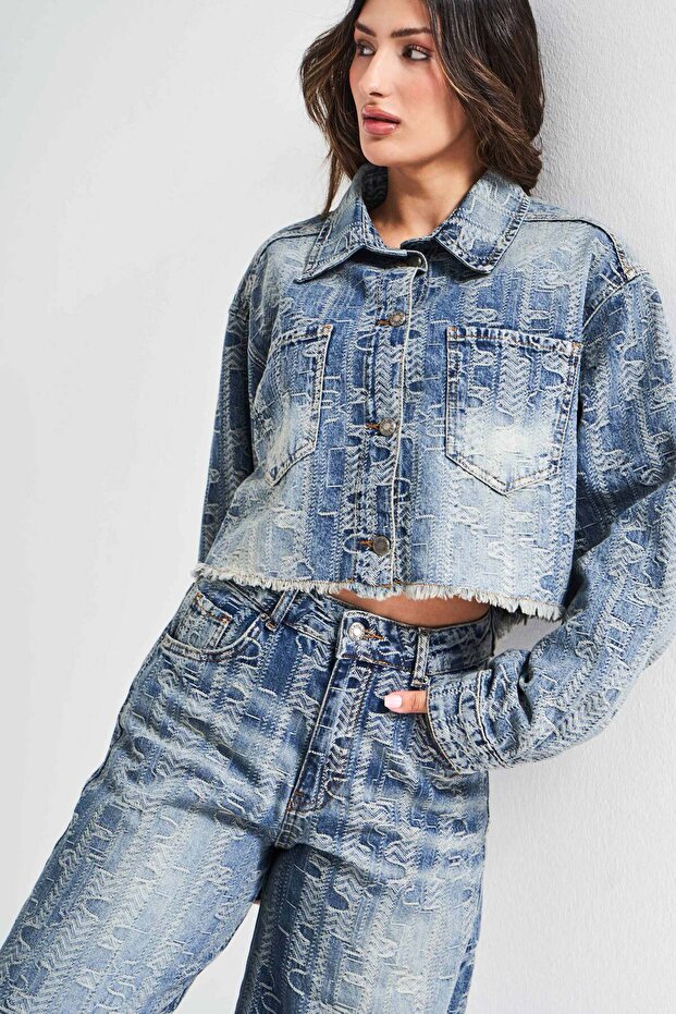 Women's Denim Color 4w5-32 Cropped Straight Fit Special Fabric Design Denim Jacket