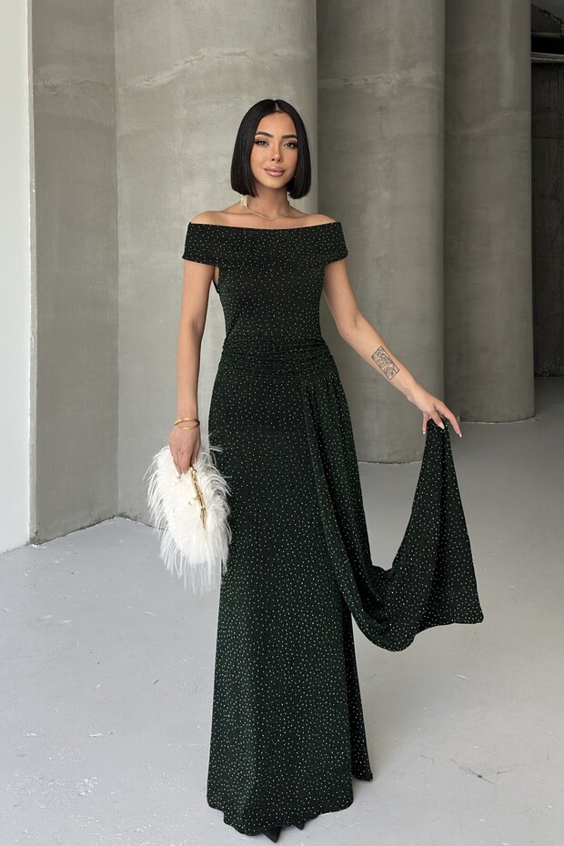 Off Shoulder Draped Glitter Emerald Evening Dress