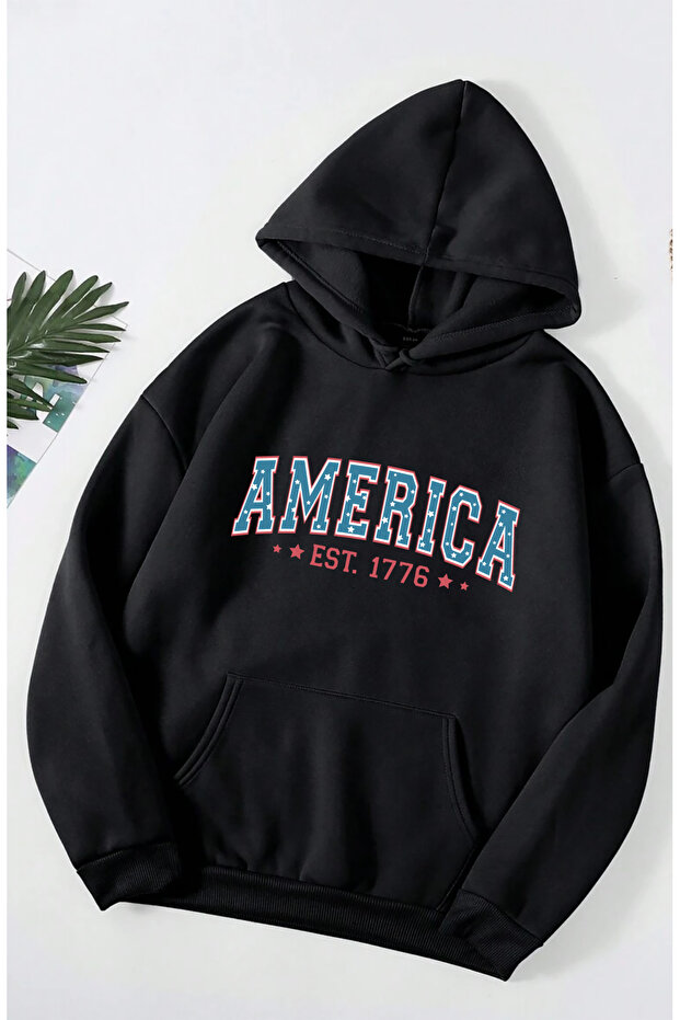 Popular Trend America Summer Printed Hooded Black Sweatshirt
