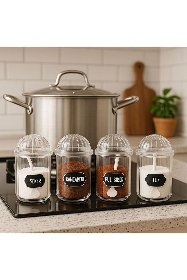 4-Piece Transparent Spice Jar Set with Labels and Spoons 400 ml - 4
