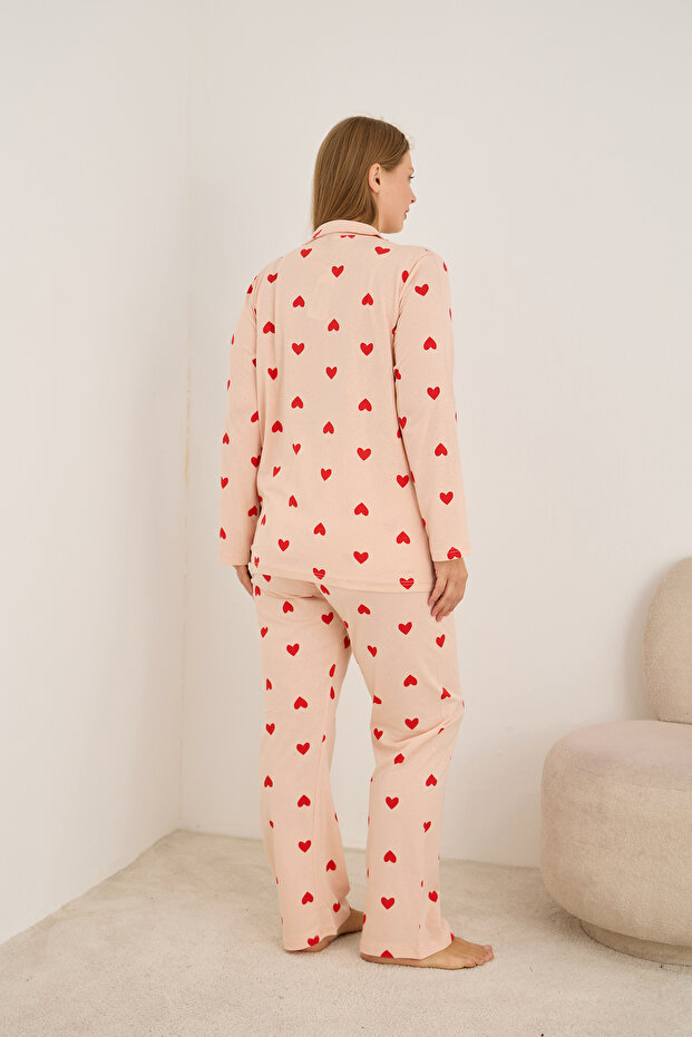 somon pamuklu kalp desenli uzun kollu düğmeli pijama takımı - 3