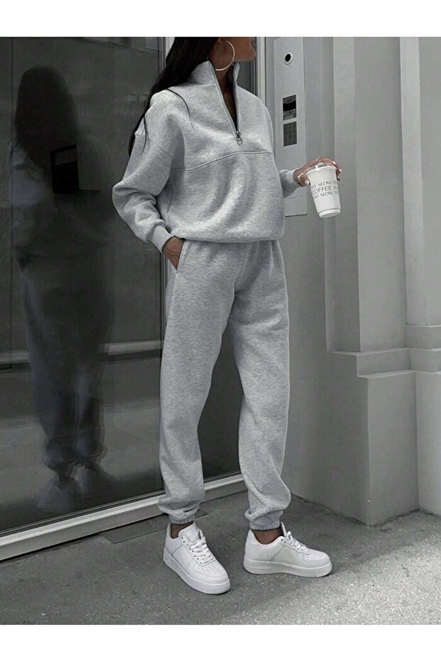 Basic Zippered Sweat Tracksuit Set - 1