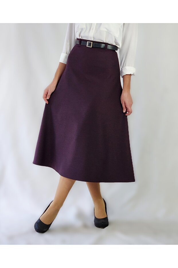 Belt Detail Midi Length Loose Purple Patterned Woven Skirt