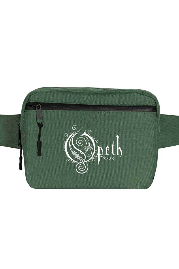 حقيبة خصر بيضاء بشعار Opeth باللون الأخضر