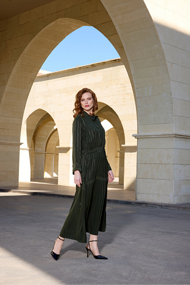 Çizgili Cupro Elbise - 4