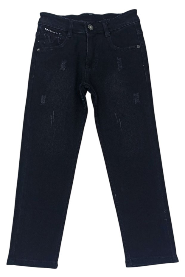 Boy's Vintage Patterned Black Color Jeans with Elastic Waist Adjustment 3235