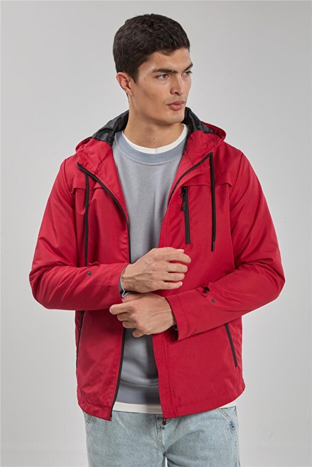 Men's Hooded Pocket Jacket - Red