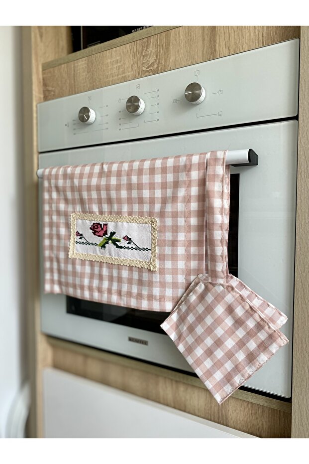 Pink Cross-Stitch Embroidered Stove Cover X Stove Holder