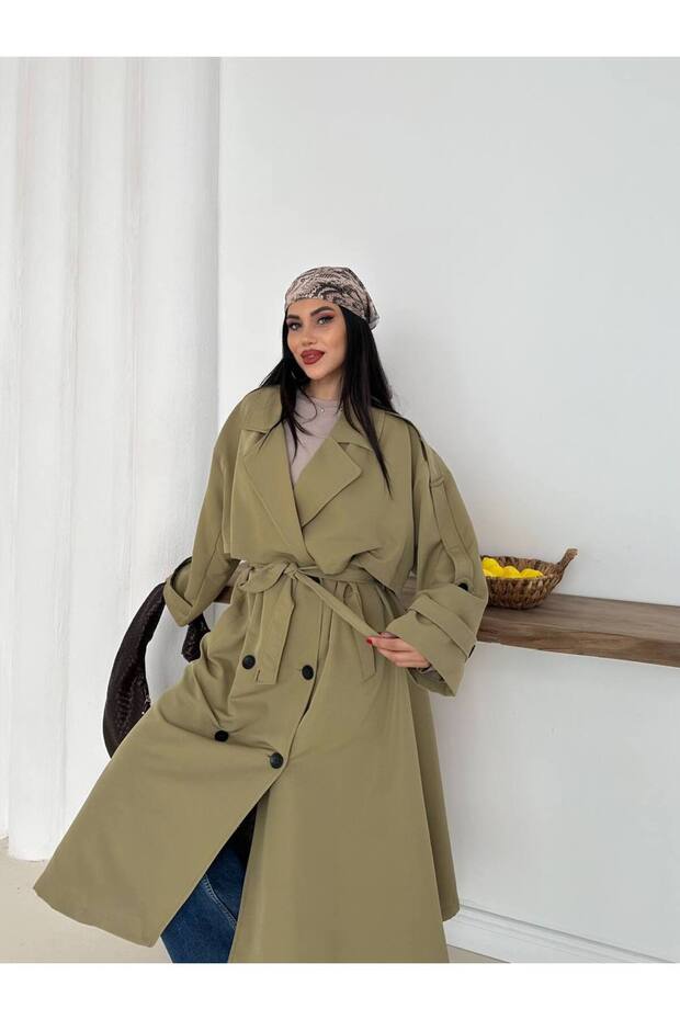 Women's Belted Buttoned Oversize Trench Coat