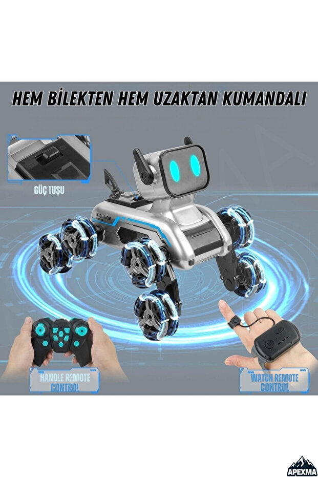 Oyuncak 2.4GHz Uzaktan Kumandalı Bilekten Kontrollü Şarjlı Işıklı 8 Teker Akrobat Robot Köpek - 7