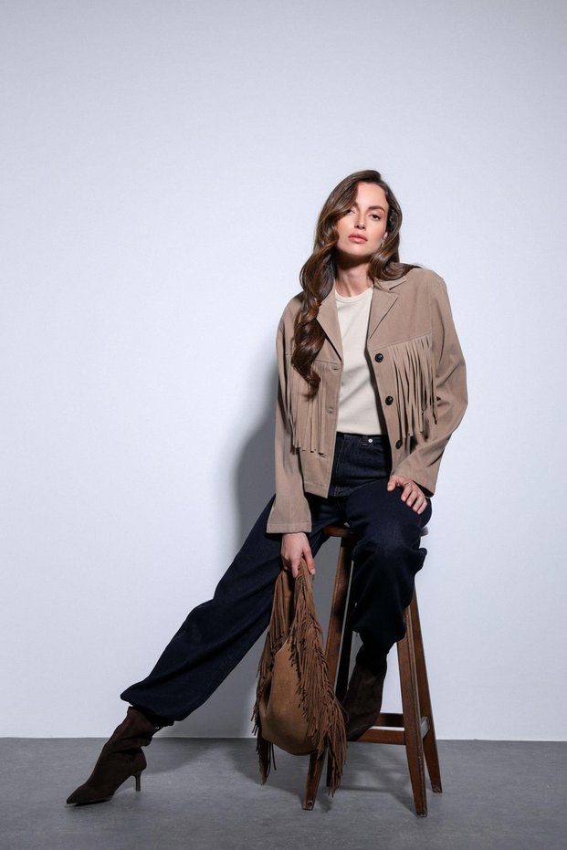 Beige Tassel Detailed Suede Women's Jacket