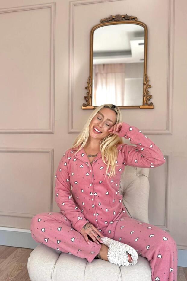 Pembe Kalp Desenli Önden Düğmeli Peluş Polar Pijama Takımı - 3