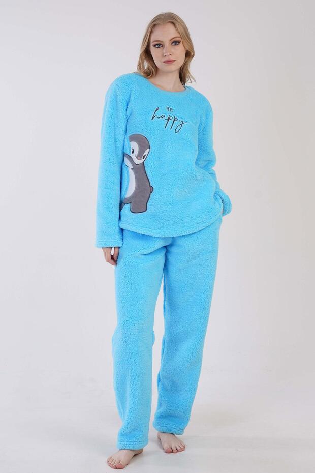 Women's Turquoise Color Welsoft Fabric Crew Neck Long Sleeve Pajama Set C6T5N0603