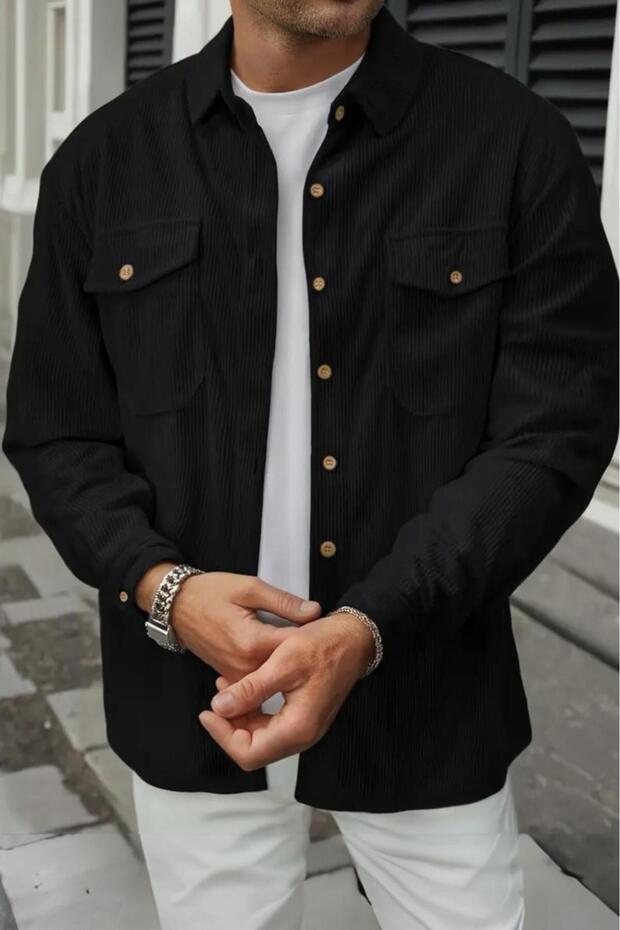Linno Slim Fit Covered Double Pocket Corded Fabric Men's Velvet Shirt