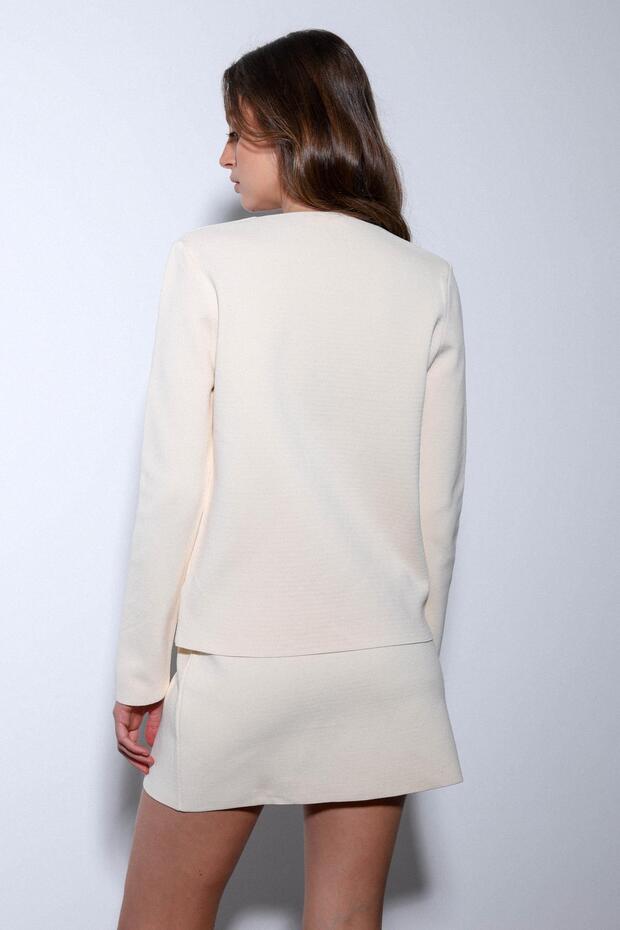 Ekru Tek Düğme Triko Kadın Hırka - 7