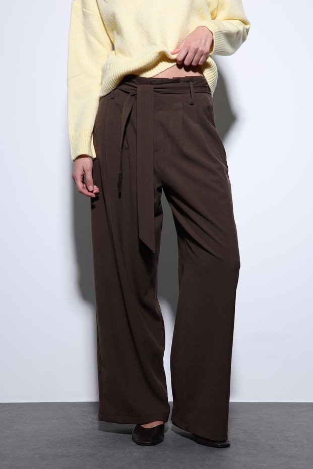 Brown Belted Pleated Wide Women's Trousers
