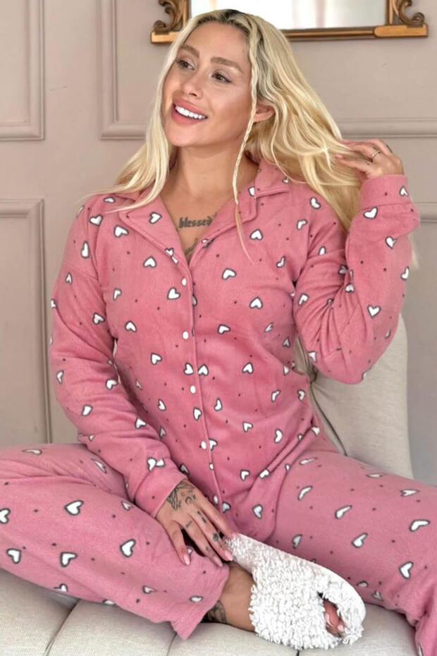 Pembe Kalp Desenli Önden Düğmeli Peluş Polar Pijama Takımı - 1