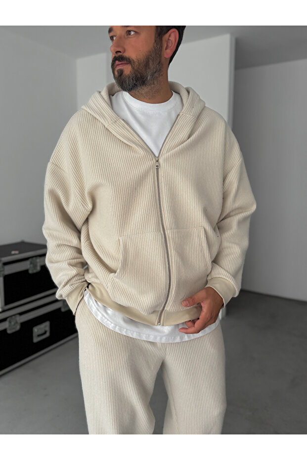 Bej Jakarlı Kapüşonlu Sweatshirt HM-0013 - 2