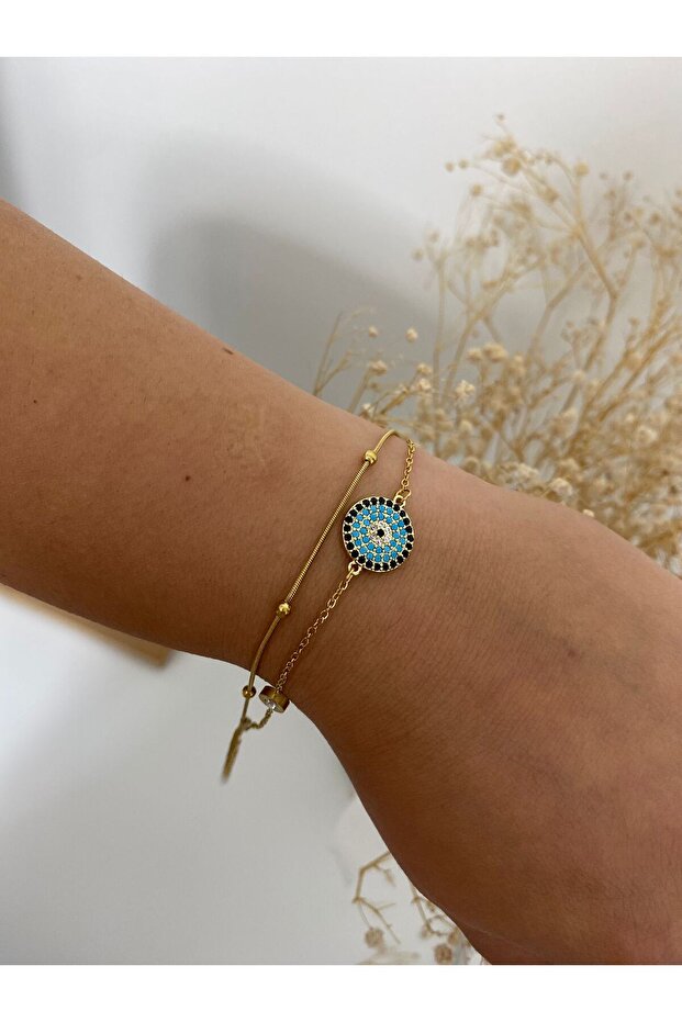 Double Steel Bracelet with Evil Eye Detail