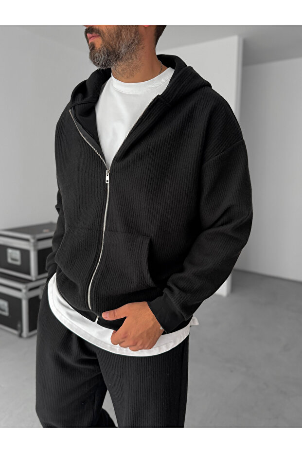 Siyah Jakarlı Kapüşonlu Sweatshirt HM-0013 - 2