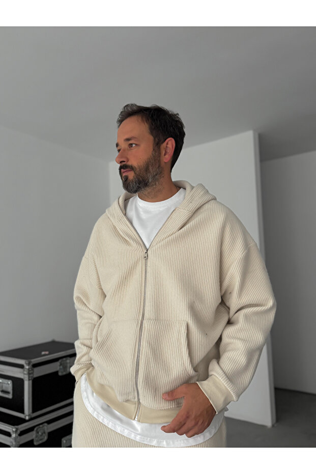 Bej Jakarlı Kapüşonlu Sweatshirt HM-0013 - 4