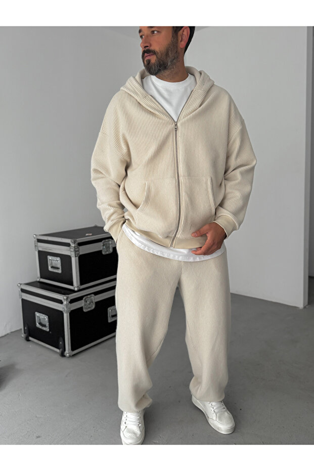 Bej Jakarlı Kapüşonlu Sweatshirt HM-0013 - 7
