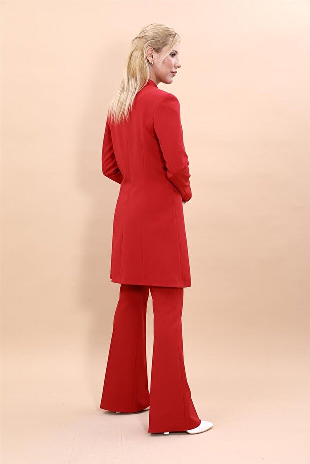 مقاس كبير - سترة طويلة بدون ياقة وبنطلون واسع - أحمر - 3
