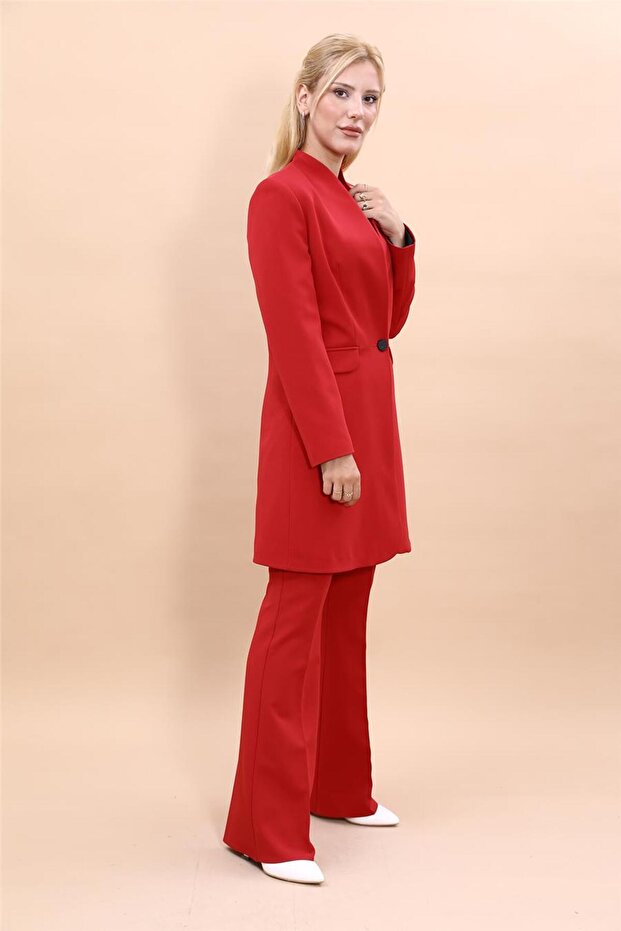 مقاس كبير - سترة طويلة بدون ياقة وبنطلون واسع - أحمر - 2