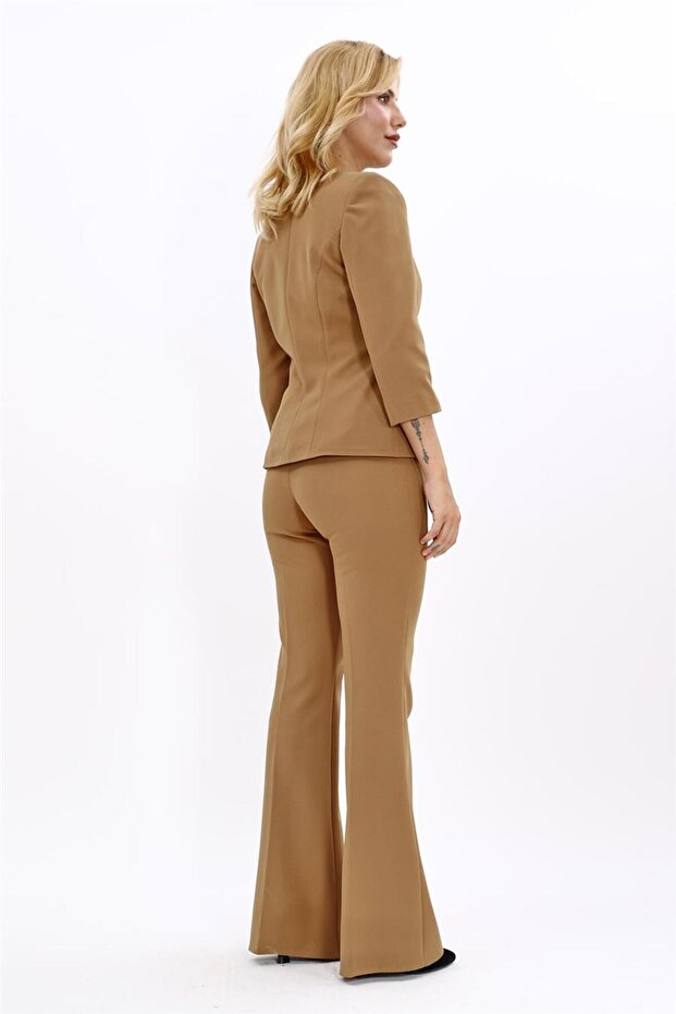 Sıfır Yaka Düz Kısa Ceket & İspanyol Paça Pantolon-Camel - 4