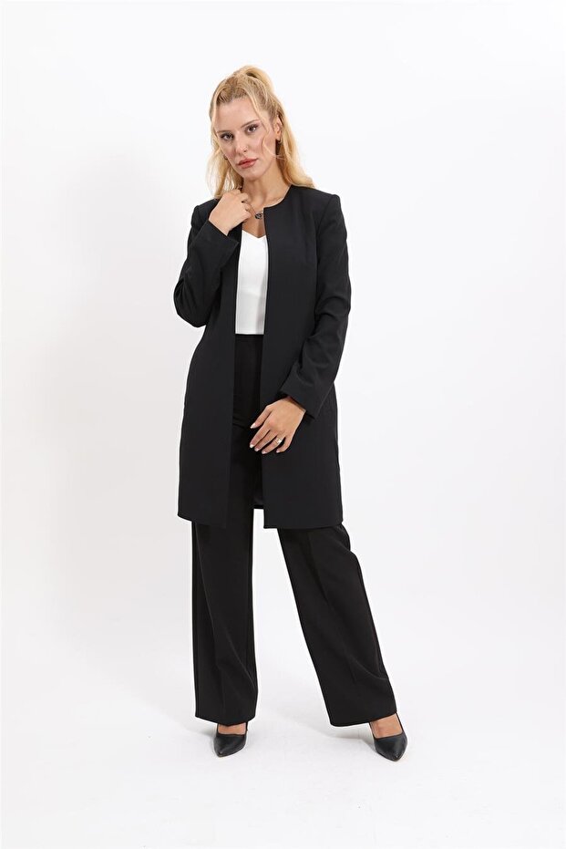 Zero Collar Plain Long Jacket & Wide Leg Trousers-Black - 1005520