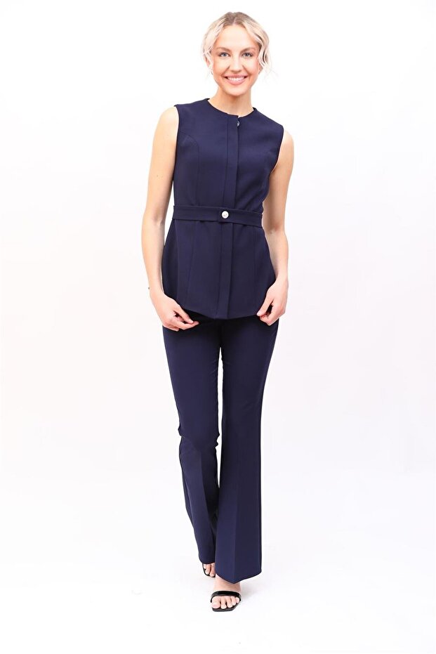 Zero Collar Belted Vest & Spanish Flare Trousers-Navy Blue - 1513530