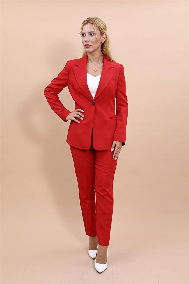Men's Lapel Single Button Classic Jacket & Slim Fit Trousers - Red - 1025510