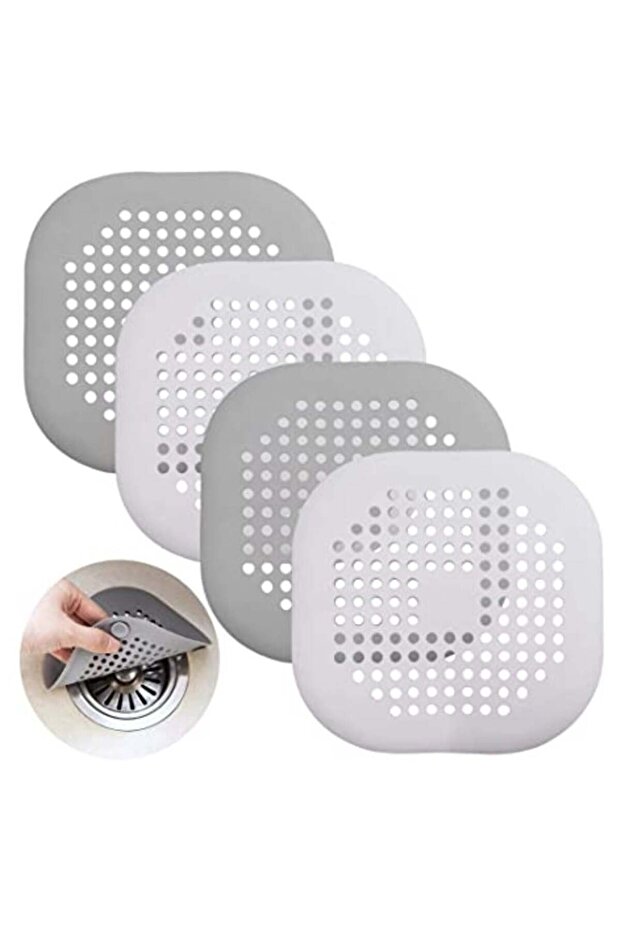 4 PCS Silicone Flat Drain Hair Catcher with Suction Cup Sink Strainer (Grey & White)