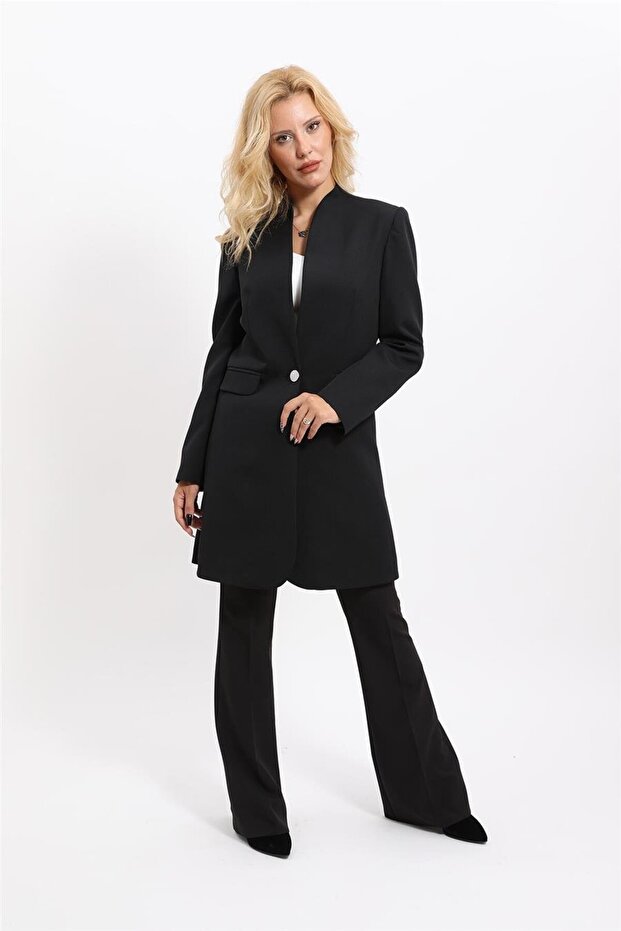 Self-Standing Collar Single Button Long Jacket & Spanish-Cut Trousers-Black - 1074530