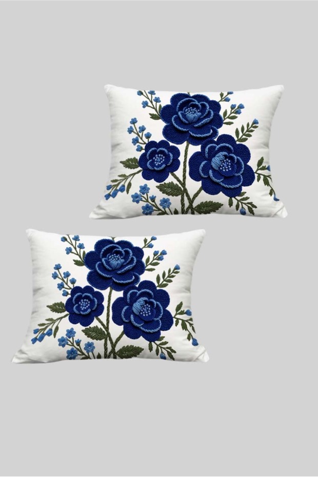 Navy Blue Floral Patterned 3D Embroidery Look Digital Printed Decorative Throw Pillow Cover Set of 2 30X50