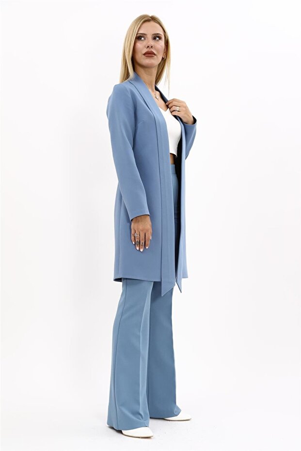 Shawl Collar Long Jacket & Spanish Flare Trousers-Navy - 1001530