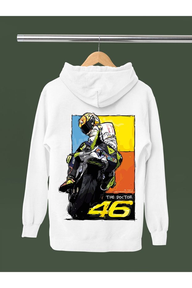 V.Rossi Vr46 Printed Cotton Long Sleeve Ribbed 3 Thread Hooded Biker Sweatshirt