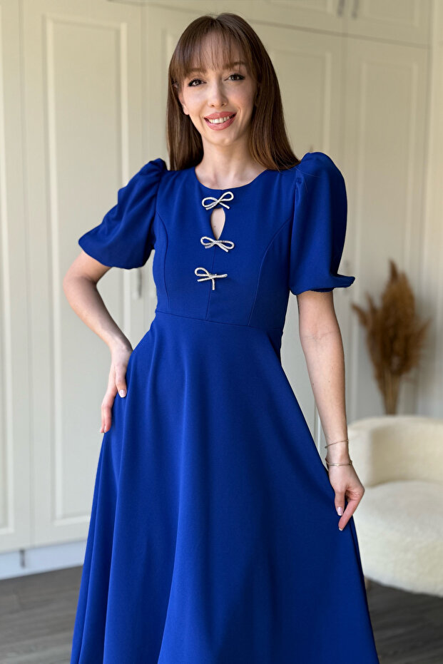 Balloon Sleeve Ribbon Accessory Detachable Midi Cobalt Blue Dress