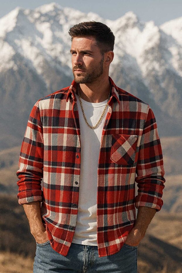 Single Pocket Detailed Plaid Textured Cashmere Cotton Button-Down Collar Winter Lumberjack Shirt