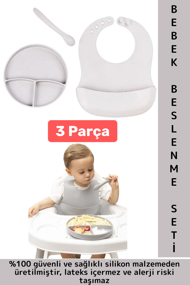 Non-Slip Healthy Bib Teether Spoon Vacuum Plate 3-Piece Silicone Baby Feeding Set Gray