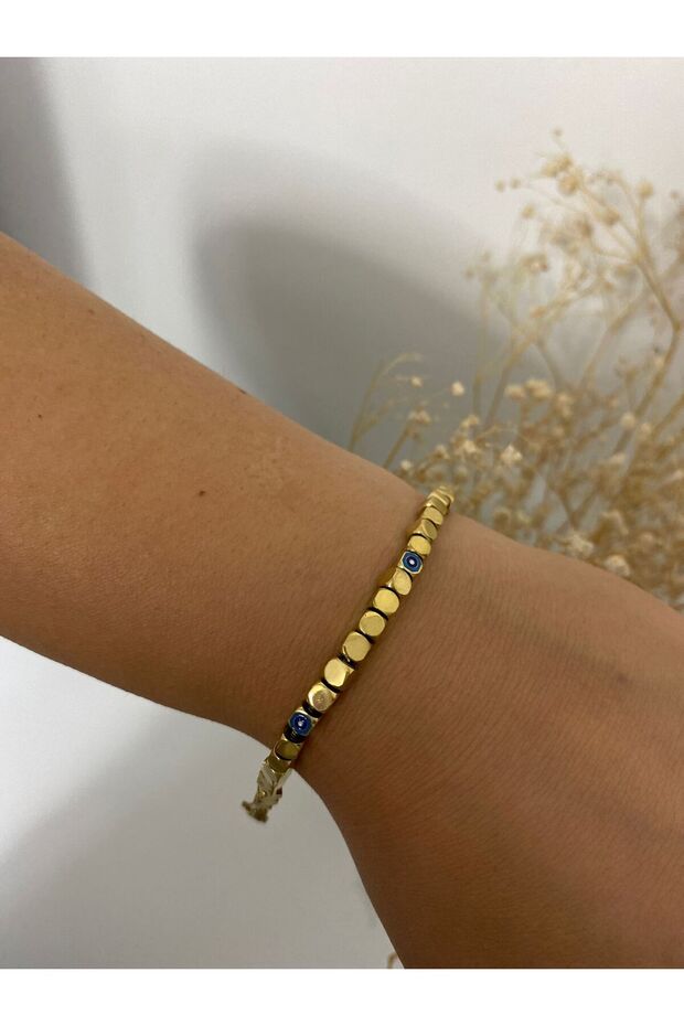 Evil Eye Detailed Cube Steel Bracelet