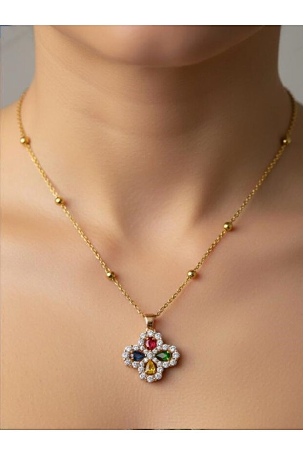 Gold Color Mix Stone Clover Model Ball Chain Steel Necklace