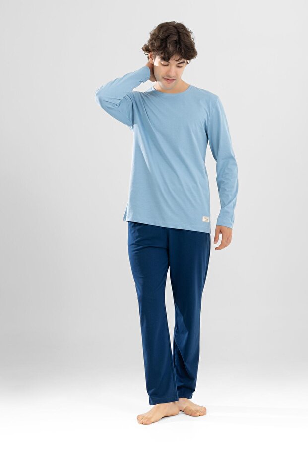 Men's Cotton Crew Neck Printed Long Sleeve Pajama Set 9806 Blue
